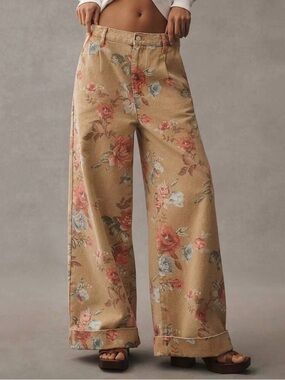 NWOT Women’s Floral Boho Wide Leg Pants Size Large Beige Pink Rose Print